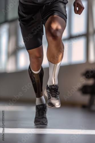 Fototapeta Naklejka Na Ścianę i Meble -  African african man with prosthetic leg running. Active lifestyle and sport rehabilitation for people with disability concept.