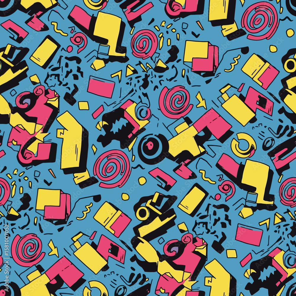 Fototapeta premium A dynamic seamless pattern featuring bright geometric shapes and lines in a bold retro 80s style on a blue background