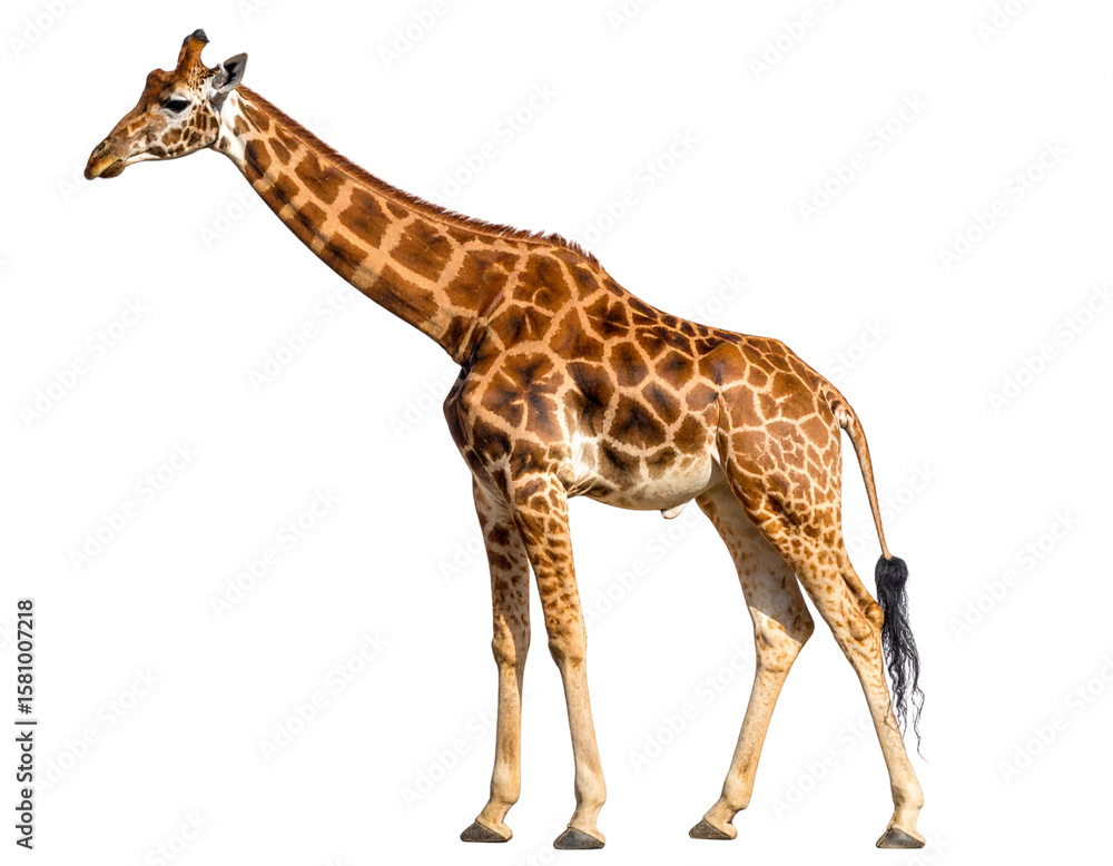 Naklejka premium Standing Giraffe in Profile with Elegant Neck Curve, Full Body View, isolated