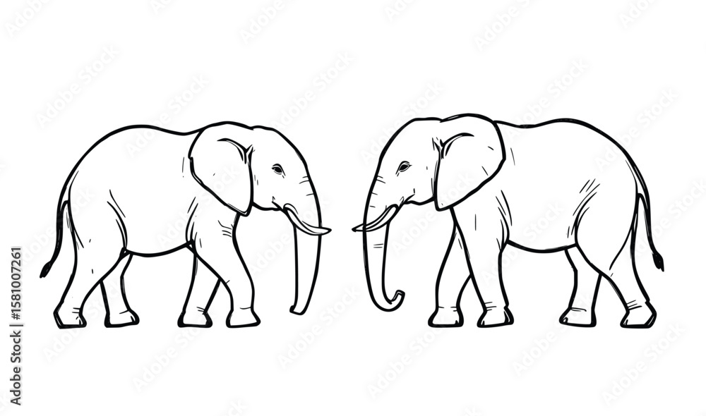 Fototapeta premium Two Elephants Facing Each Other Vector Line Art Illustration