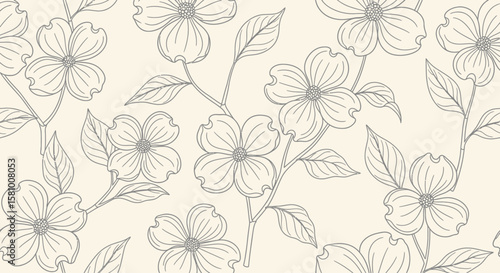 Elegant Floral Pattern Delicate Dogwood Flowers on a Soft Beige Background for a Serene, Artistic Aesthetic