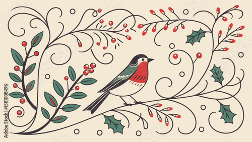 Christmas robin bird on holly branch with berries holiday season vector illustration art design image
