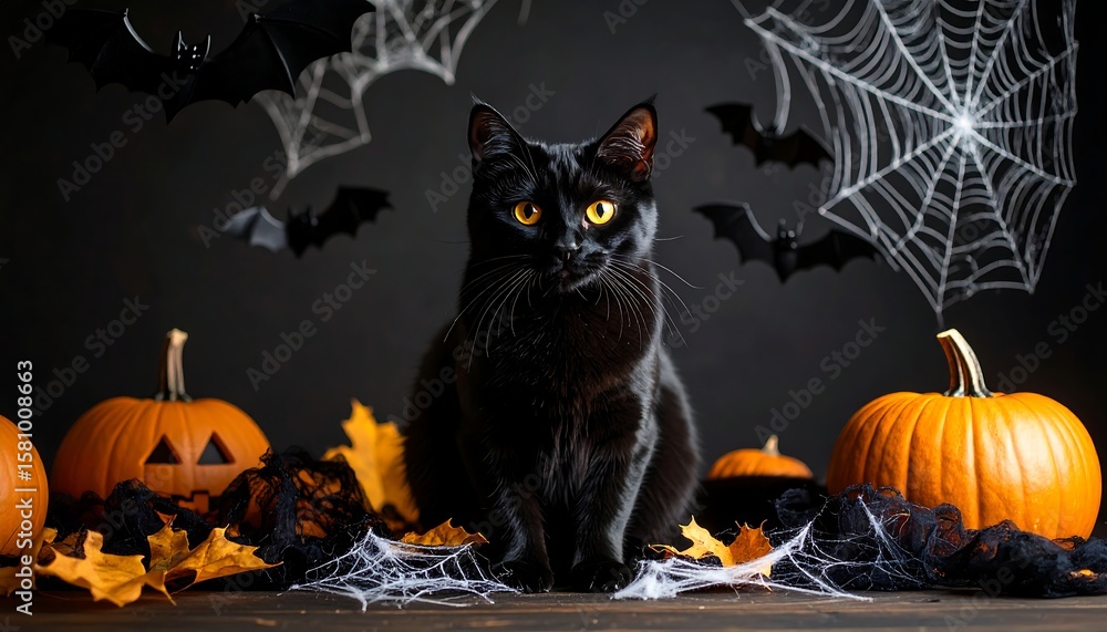Black cat amidst Halloween decor Black cat amidst Halloween decor