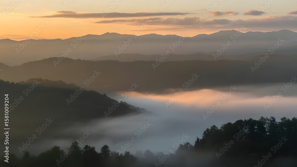 Fototapeta premium Misty Sunrise Over Mountain Ranges