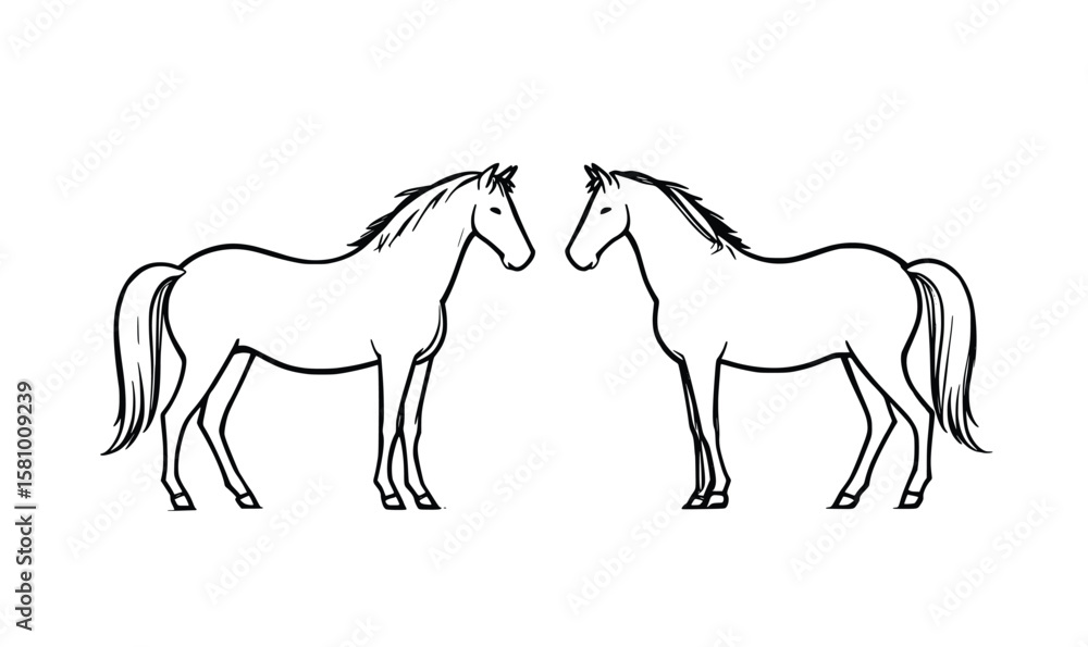 Obraz premium Two Horses Facing Each Other Vector Illustration in Line Art