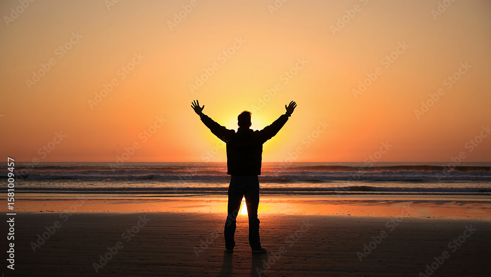 Fototapeta premium Golden sunset silhouette of a woman embracing freedom with yoga on the beach
