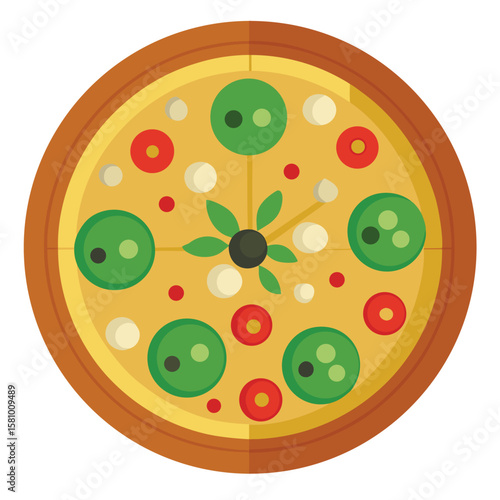 A perfect pizza with a perfectly round shape, topped with simple ingredients, classic and clean.