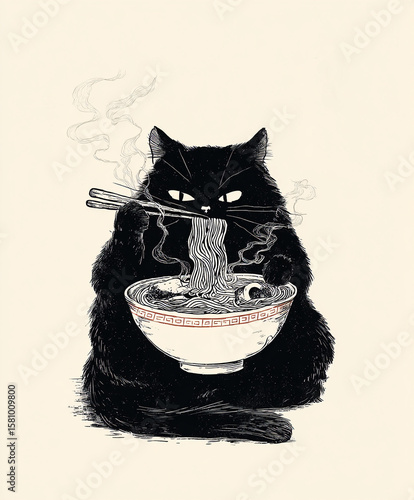 Black cat eating Chinese ramen noodles. Asian style illustration.
