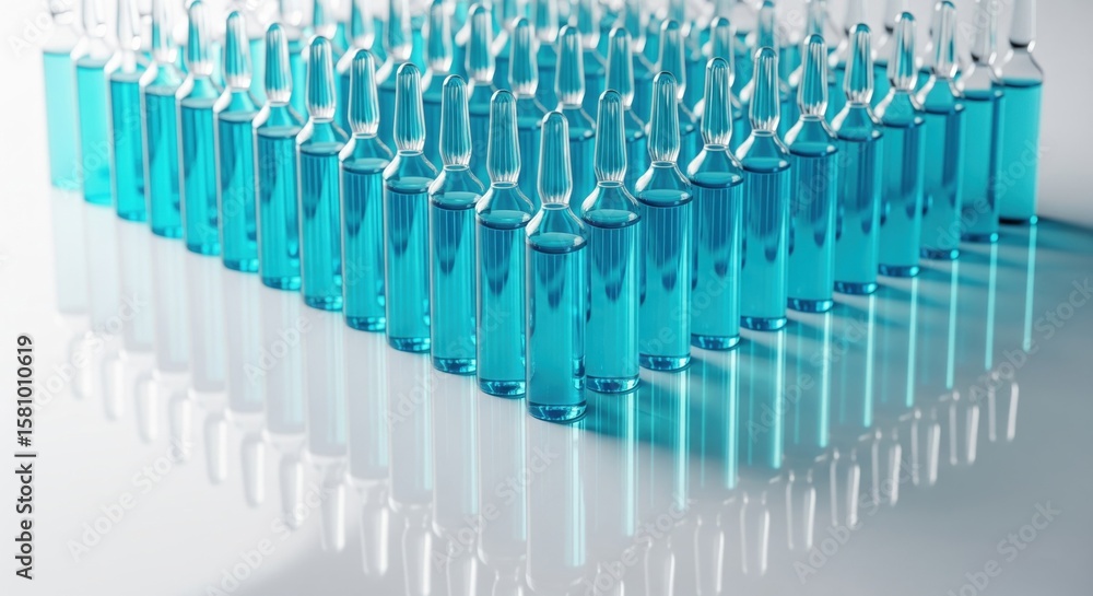 Fototapeta premium Many Pharmaceutical Vials With Blue Liquid Ready For Use