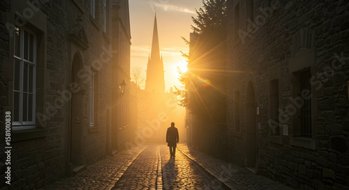 Solitary Figure Walking Cobblestone Street Sunrise