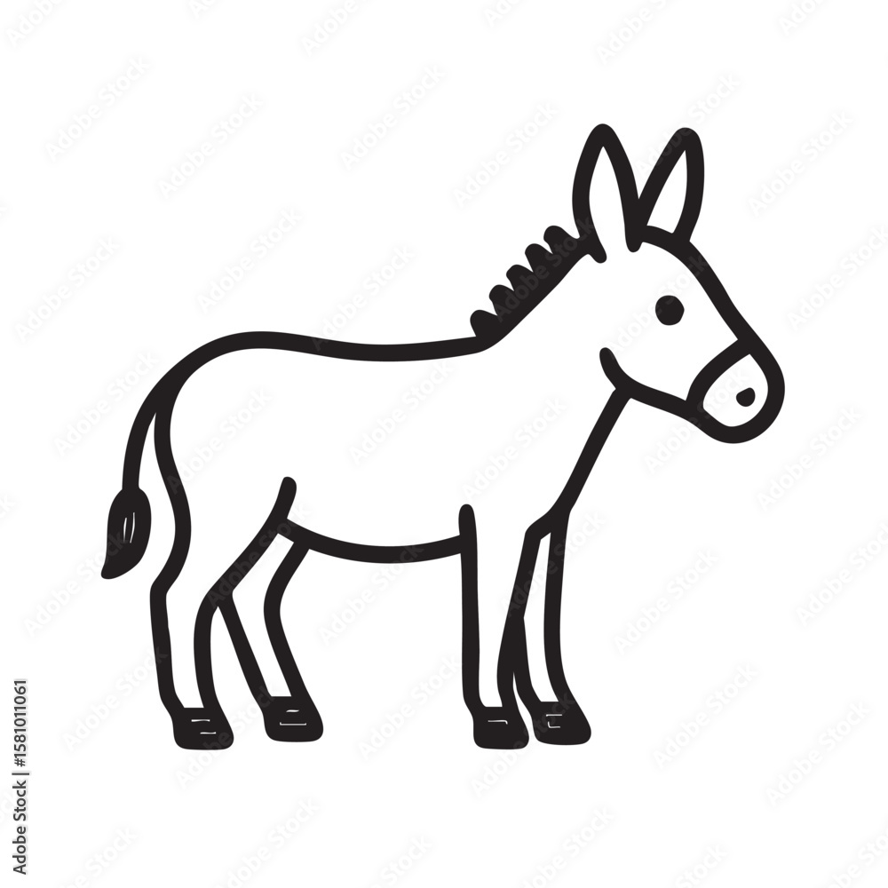Fototapeta premium Simple Black and White Line Drawing of a Cartoon Donkey Standing on a White Background