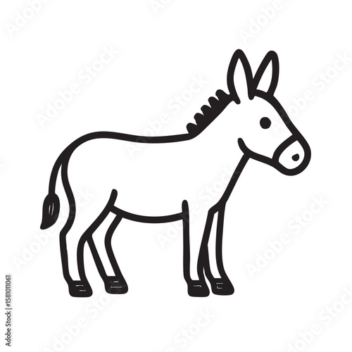 Simple Black and White Line Drawing of a Cartoon Donkey Standing on a White Background