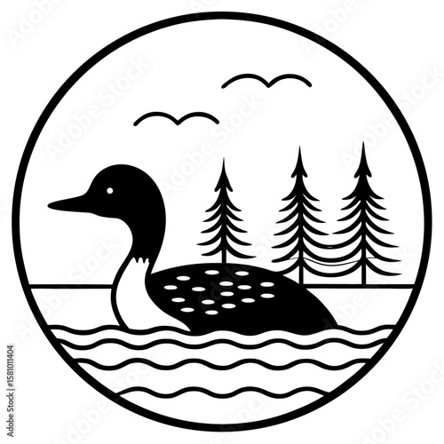 Circular silhouette of a loon swimming in a lake with trees and birds isolated on white background