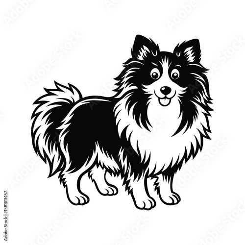 Black and white cartoon dog with fluffy fur and big eyes shetland sheepdog illustration