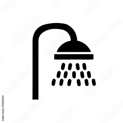 Shower head illustration emitting water drops in a bathroom in black and white