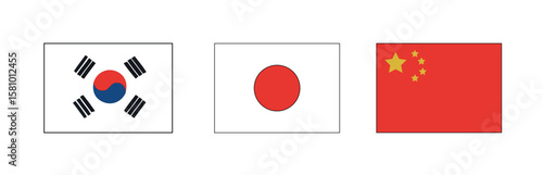 Flags of South Korea, Japan, and China representing Far East Asian nations