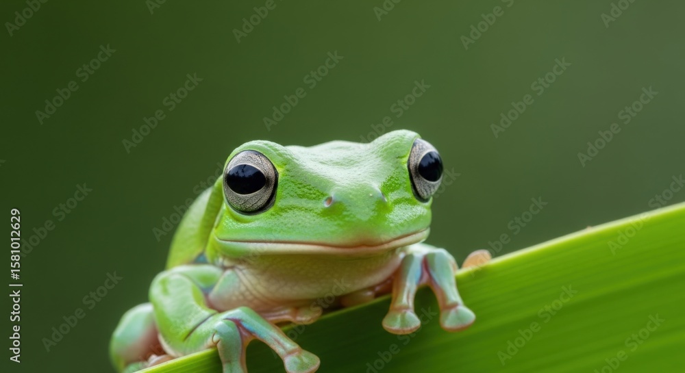 Obraz premium Green Tree Frog Perched on Bright Green Leaf Wildlife Nature Photography
