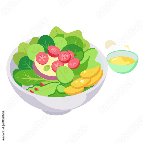 Cartoon Salad Bowl with Dressing Illustration