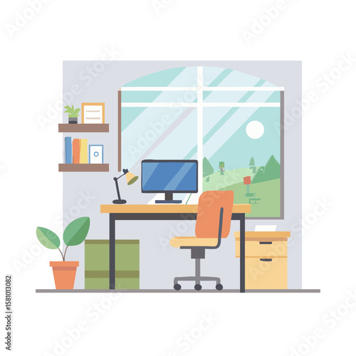 Illustration of a Home Office with a View of a Golf Course
