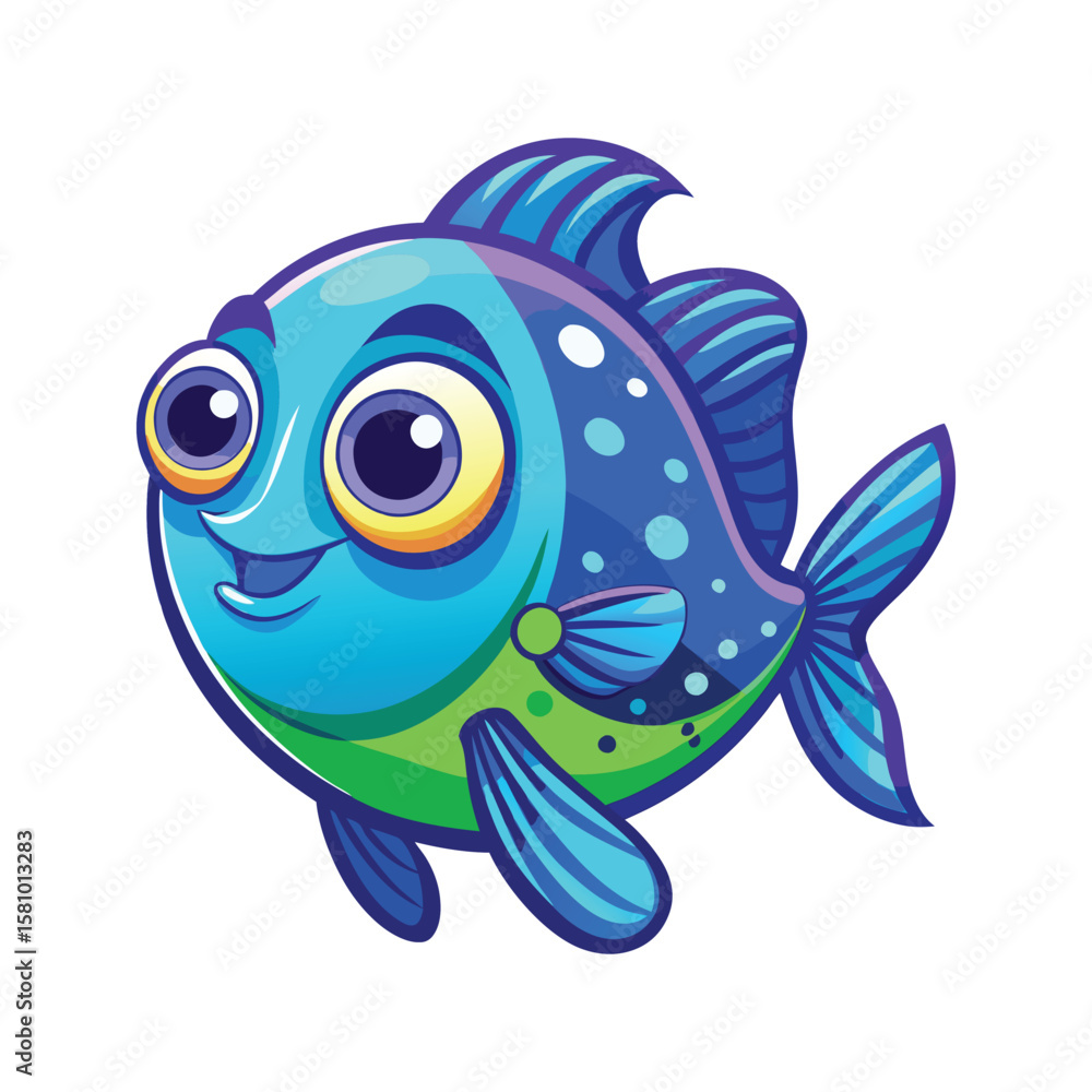 Fototapeta premium Cheerful blue green fish with big eyes swimming cartoon illustration