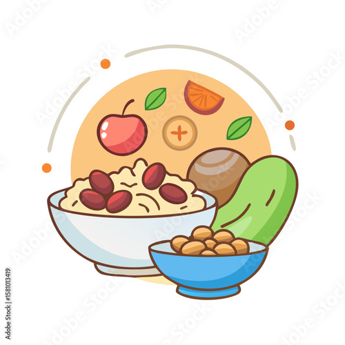 Healthy Food Bowl Illustration with Fruits and Vegetables