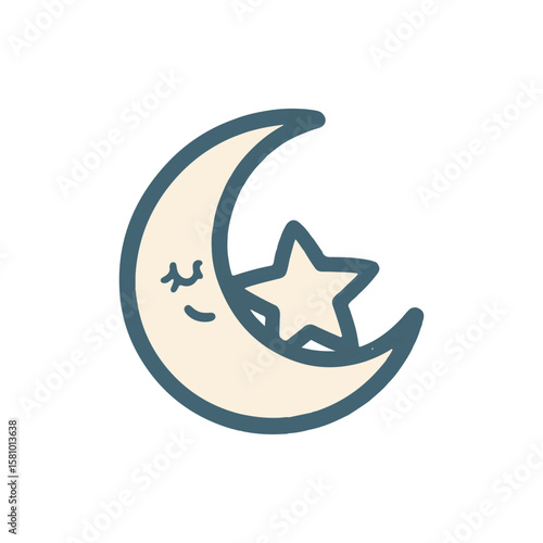 A whimsical crescent moon with a smiling face cradling a star, set against a simple background