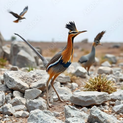 It features an eye-catching bird with colorful plumage featuring vivid hues of orange, blue and gray.