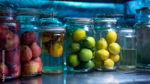 Fototapeta Naklejka Na Ścianę i Meble -  Glass jars filled with lemons and fruits in fridge for food storage and kitchen organization