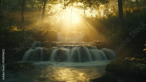 Scenic waterfall flows through a sunlit forest, creating dreamy effect