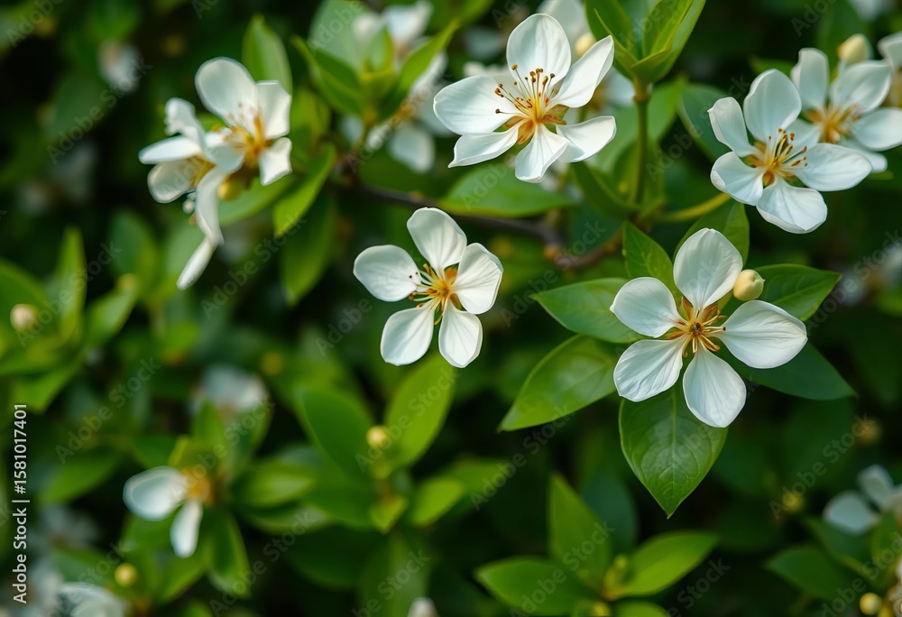Delicate white blossom against vibrant green foliage, springtime, green leaves Delicate white blossom against vibrant green foliage, springtime, green leaves