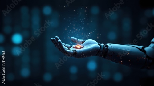 A robotic hand holds a microchip against a dark background with flowing blue digital data.
