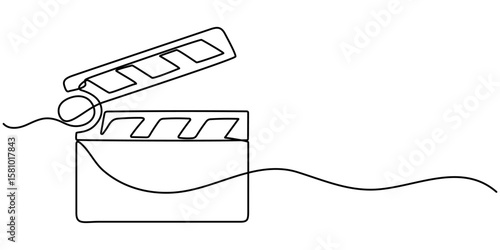 film clapper continuous one line drawing, Clapper board and film reel continuous one line drawing. Filmstrip linear element. Movie scene episode production concept. Vector illustration isolated on. 