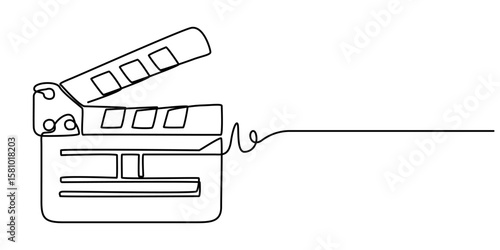 film clapper continuous one line drawing, Clapper board and film reel continuous one line drawing. Filmstrip linear element. Movie scene episode production concept. Vector illustration isolated on. 