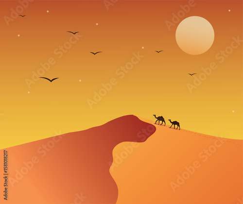 Vector illustration background desert sand dunes.Desert landscape panoramic with sand dunes illustration.