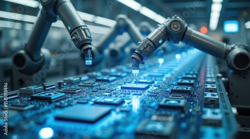 Multiple robotic arms work on a futuristic assembly line manufacturing microchips in a bright factory.
