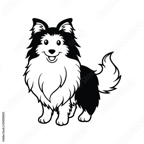 Playful sheltie dog drawing black and white shetland sheepdog canine
