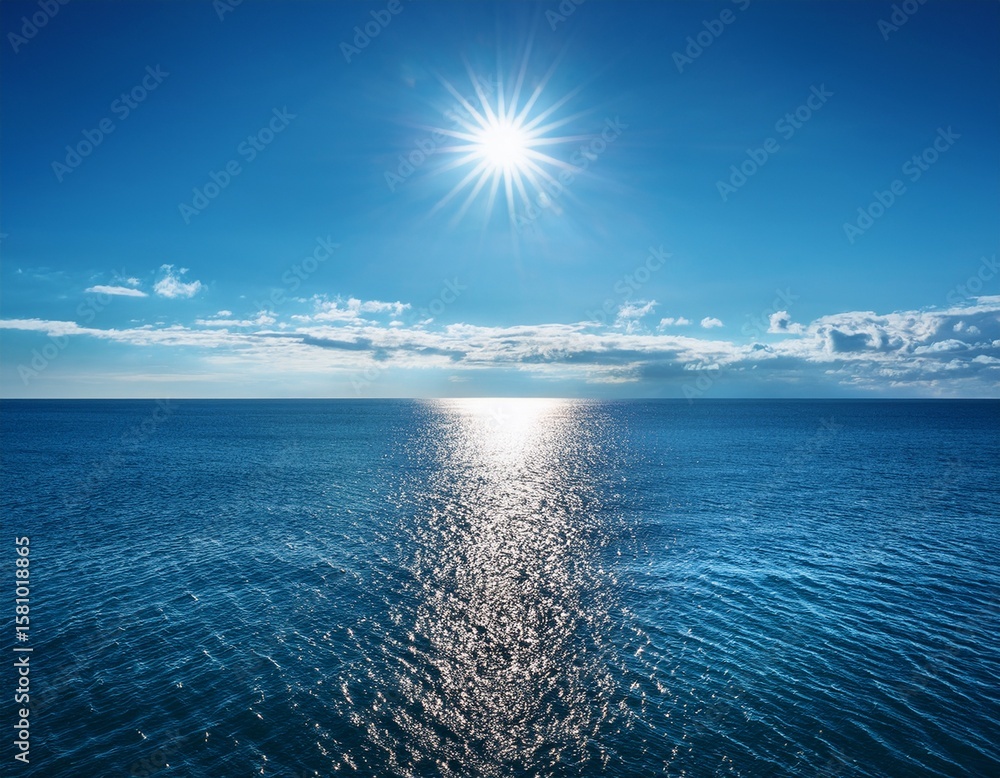 Fototapeta premium a sunny day features a large body of water with ripples and a sun centered above its surface