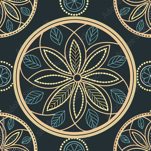 Decorative circular floral pattern with leaves in beige and teal color scheme