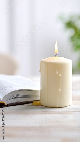 Wallpaper Mural Open book, lit candle, melted wax Torontodigital.ca