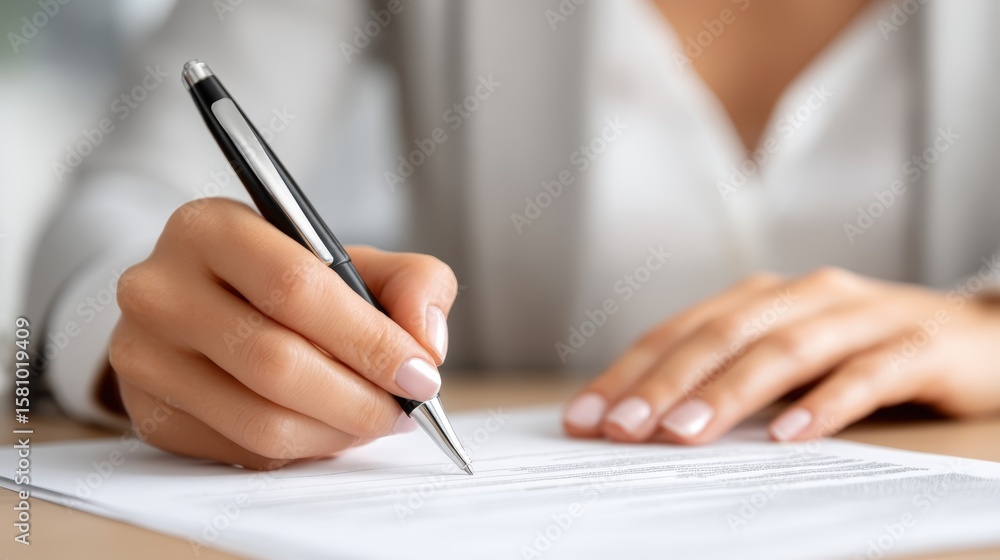 Woman Writing with Pen on Paper in Modern Office Environment Woman Writing with Pen on Paper in Modern Office Environment
