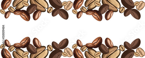 Colorful vector illustration of roasted and raw coffee beans forming a double border on a white background. This seamless design is perfect for coffee shop branding, packaging, advertising, social med