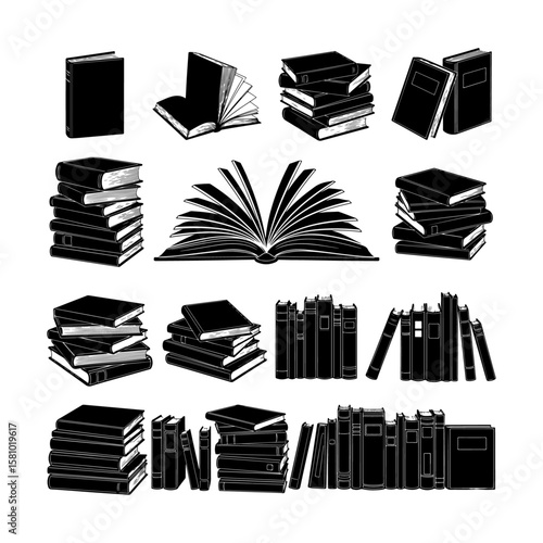 Collection of Black and White Books in Various Piles and Arrangements