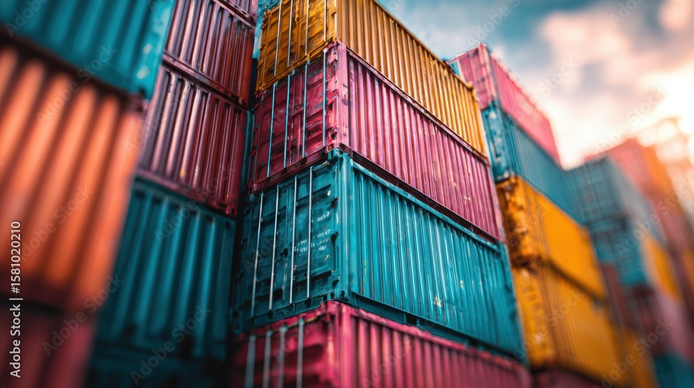 Fototapeta premium Colorful Cargo Containers Stacked at a Port in Evening Light