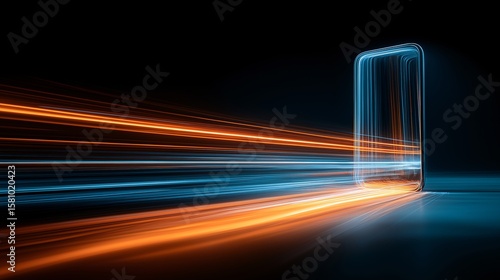 Abstract glowing phone with light trails streaking across the dark background. The phone appears to be emitting a bright light, creating a sense of speed and movement.