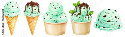 チョコミントアイスクリームの水彩ベクターイラストセット コーンアイス/ カップアイス