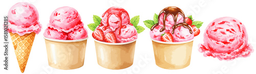 ストロベリーアイスクリームの水彩ベクターイラストセット コーンアイス/ カップアイス