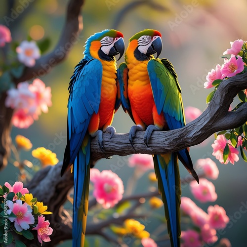 High-angle, professional photograph of a pair of colorful birds, specifically a male and female macaw, perched side by side on a sturdy, gnarled tree branch.