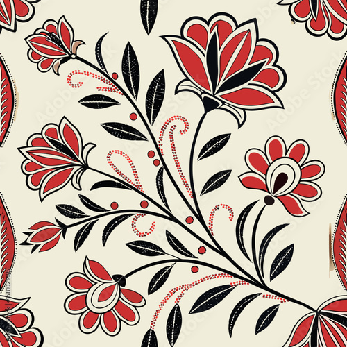 Decorative floral seamless pattern in red black and cream color scheme with elegant design