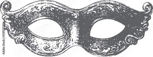 Venetian mask with ornate detail in vintage engraving style. Black and white Italian costume vector illustration.