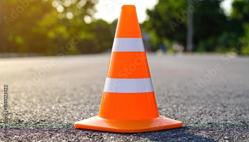 Bright orange traffic cone positioned on a road with blurred greenery in the background